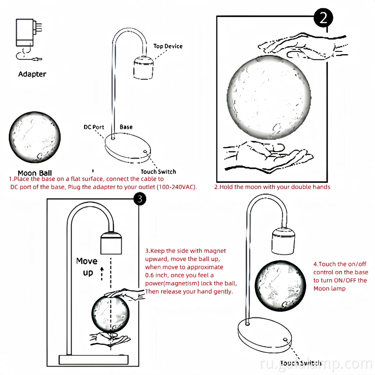 Лунная лампа с магнитной левитацией и беспроводной зарядкой Moon Lamp with Magnetic Levitation and Wireless Charging